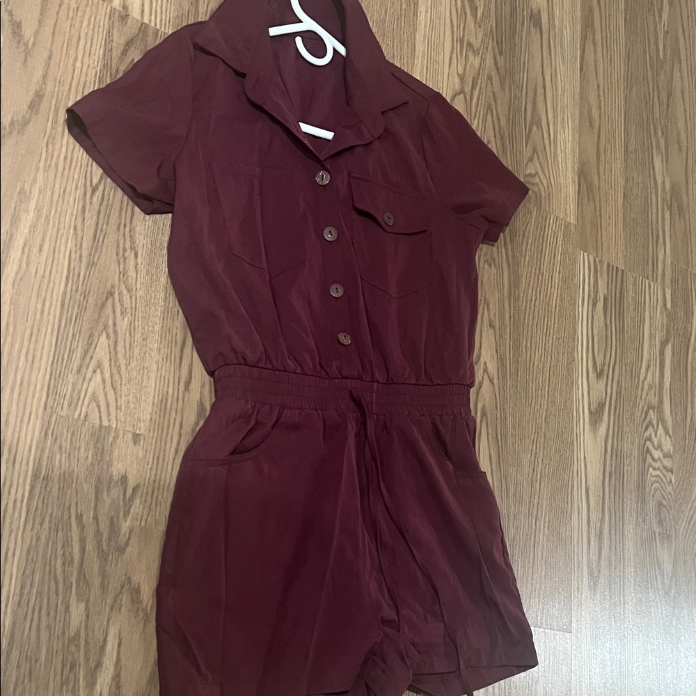 Women’s Short-Sleeve Button Romper in Burgundy